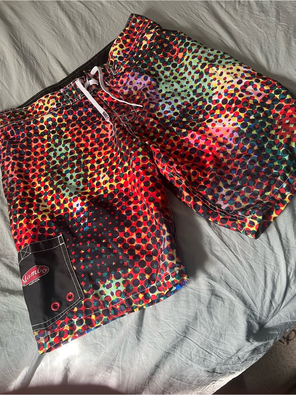 Vibrant Multicolor Dot-Print Men’s Board Shorts Swimsuit lined, Mambo Australia